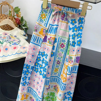 Trendy Kids Apparel Kids Clothing Children's Boutique Floral Print Sleeveless Top & Wide-Leg Pants Set