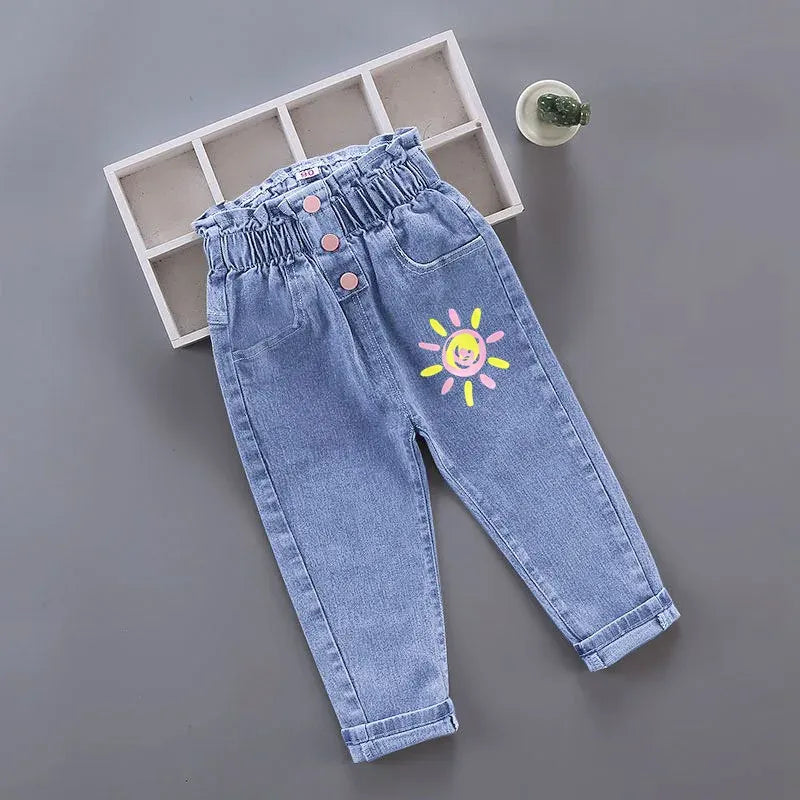 Trendy Kids Apparel Kids Clothing Girl Jeans Floral Cartoon Long Pants