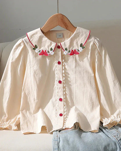 Trendy Kids Apparel Kids Clothing Girls' 100% Cotton Blouse | Strawberry Embroidered Collar