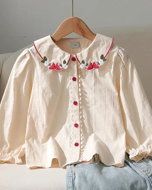 Trendy Kids Apparel Kids Clothing Girls' 100% Cotton Blouse | Strawberry Embroidered Collar