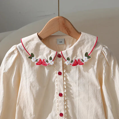 Trendy Kids Apparel Kids Clothing Girls' 100% Cotton Blouse | Strawberry Embroidered Collar