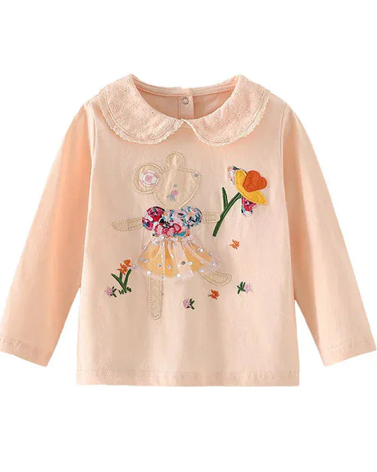 Trendy Kids Apparel Kids Clothing Girls' Autumn/Spring Long Sleeve Flower Embroidery T-Shirt