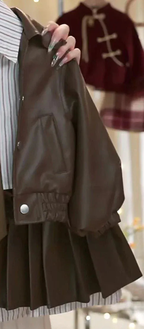 Trendy Kids Apparel Kids Clothing Girls Autumn Winter Leather Jacket Set