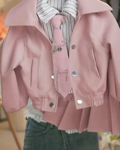 Trendy Kids Apparel Kids Clothing Girls Autumn Winter Leather Jacket Set