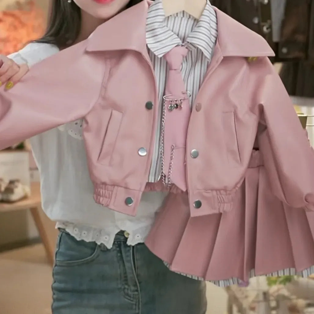 Trendy Kids Apparel Kids Clothing Girls Autumn Winter Leather Jacket Set