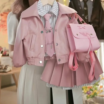 Trendy Kids Apparel Kids Clothing Girls Autumn Winter Leather Jacket Set