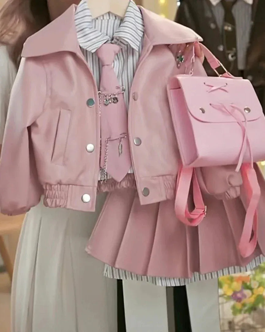 Trendy Kids Apparel Kids Clothing Girls Autumn Winter Leather Jacket Set