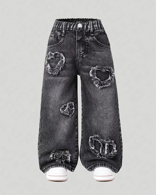 Trendy Kids Apparel Kids Clothing Girls' Black Heart Patchwork Jeans