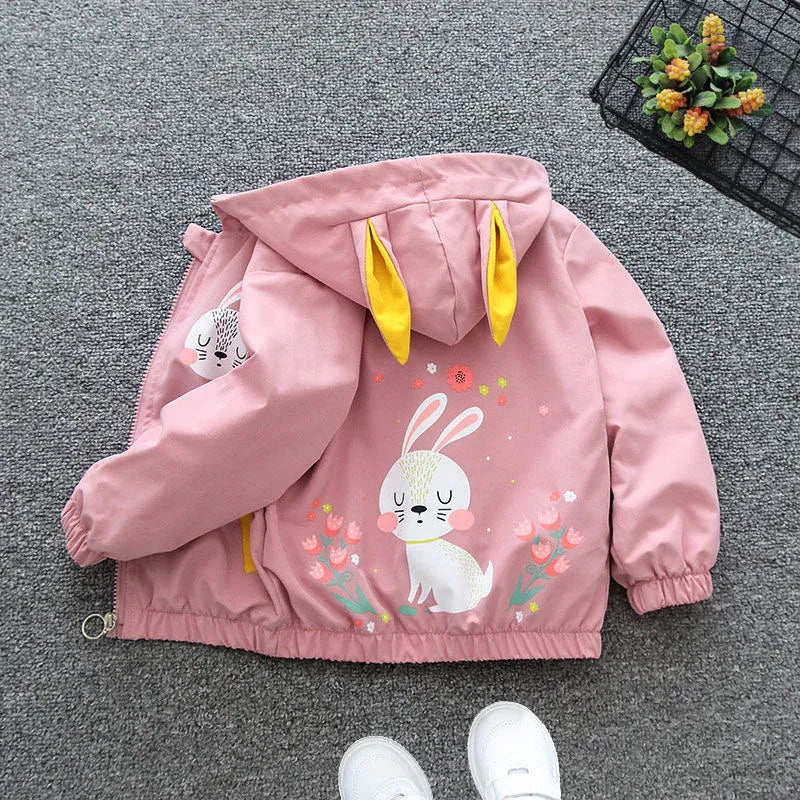 Trendy Kids Apparel Kids Clothing Girls Cartoon Print Hooded Zipper Windbreaker