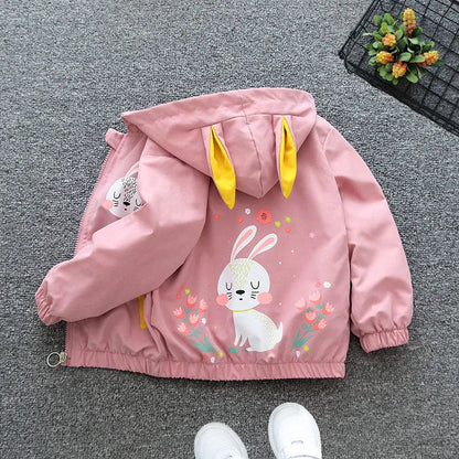 Trendy Kids Apparel Kids Clothing Girls Cartoon Print Hooded Zipper Windbreaker