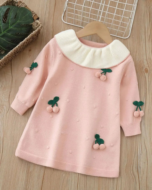 Trendy Kids Apparel Kids Clothing Girls Cherry Embellished Lapel Dress