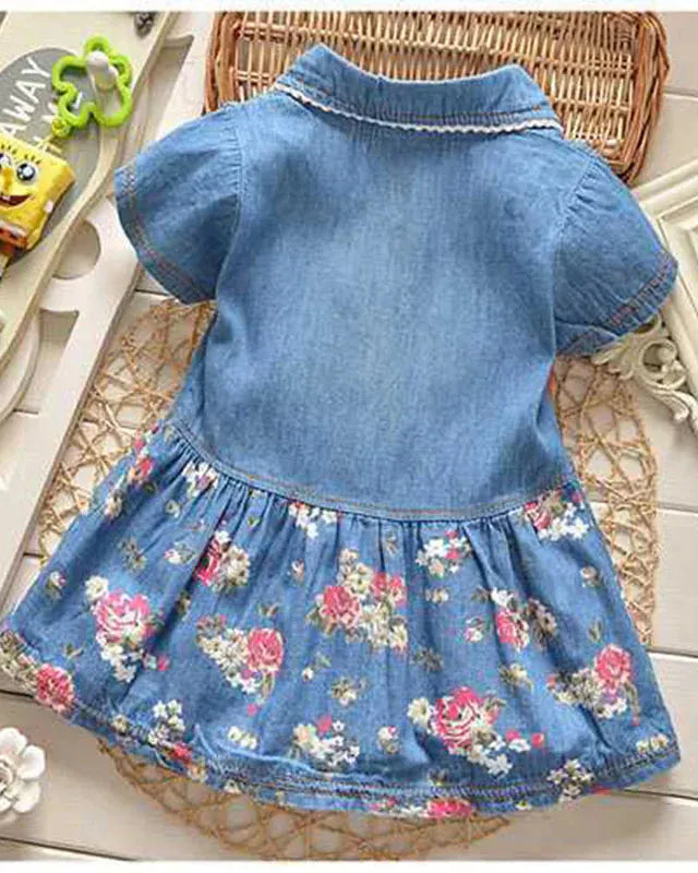 Trendy Kids Apparel Kids Clothing Girls' Cotton Denim Short Sleeve Flower Print Dress