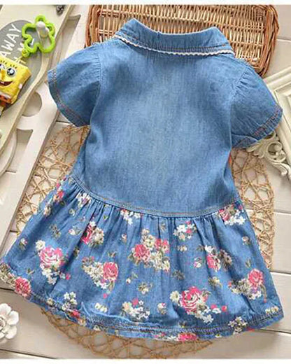 Trendy Kids Apparel Kids Clothing Girls' Cotton Denim Short Sleeve Flower Print Dress