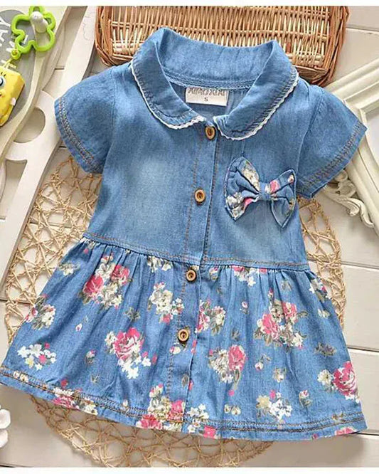 Trendy Kids Apparel Kids Clothing Girls' Cotton Denim Short Sleeve Flower Print Dress
