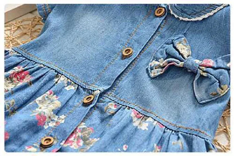 Trendy Kids Apparel Kids Clothing Girls' Cotton Denim Short Sleeve Flower Print Dress