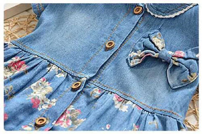 Trendy Kids Apparel Kids Clothing Girls' Cotton Denim Short Sleeve Flower Print Dress