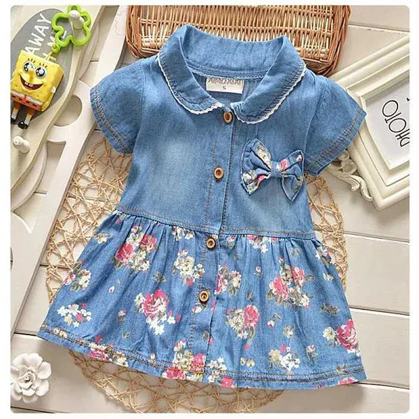 Trendy Kids Apparel Kids Clothing Girls' Cotton Denim Short Sleeve Flower Print Dress