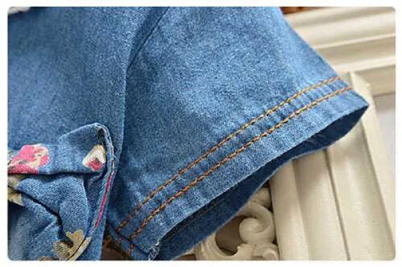 Trendy Kids Apparel Kids Clothing Girls' Cotton Denim Short Sleeve Flower Print Dress