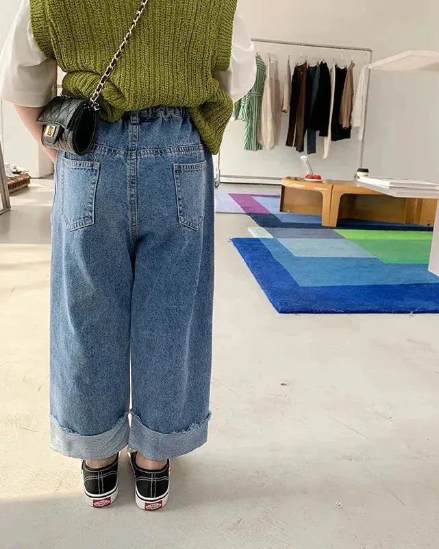 Trendy Kids Apparel Kids Clothing Girls Crimped Wide Leg Loose Denim Pants