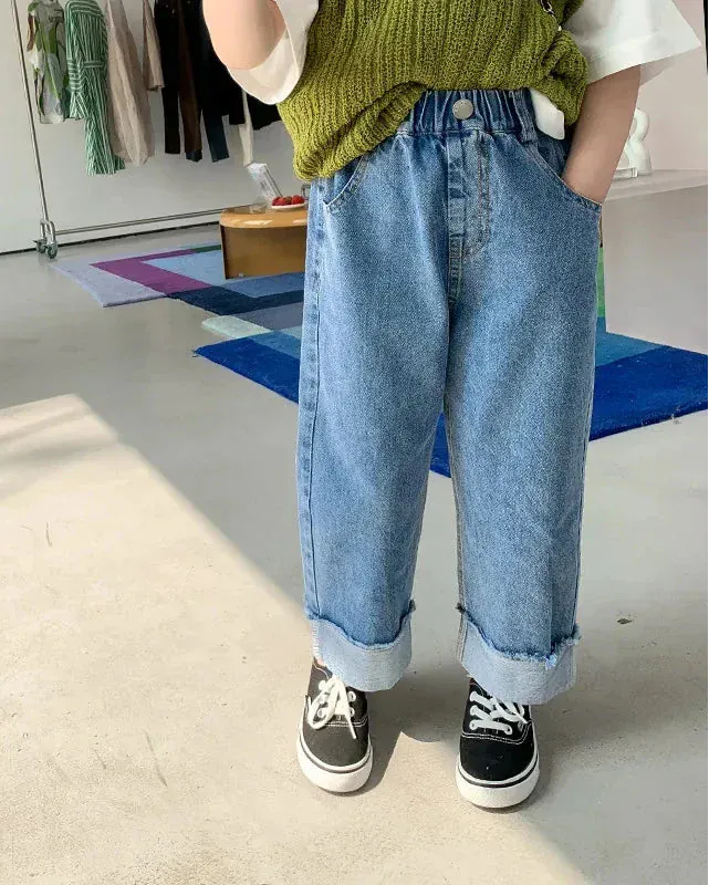 Trendy Kids Apparel Kids Clothing Girls Crimped Wide Leg Loose Denim Pants