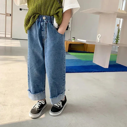 Trendy Kids Apparel Kids Clothing Girls Crimped Wide Leg Loose Denim Pants