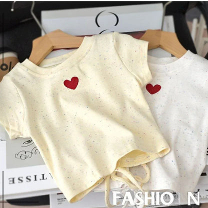 Trendy Kids Apparel Kids Clothing Girls' Cute Heart Print Short Sleeve Drawstring T-Shirt