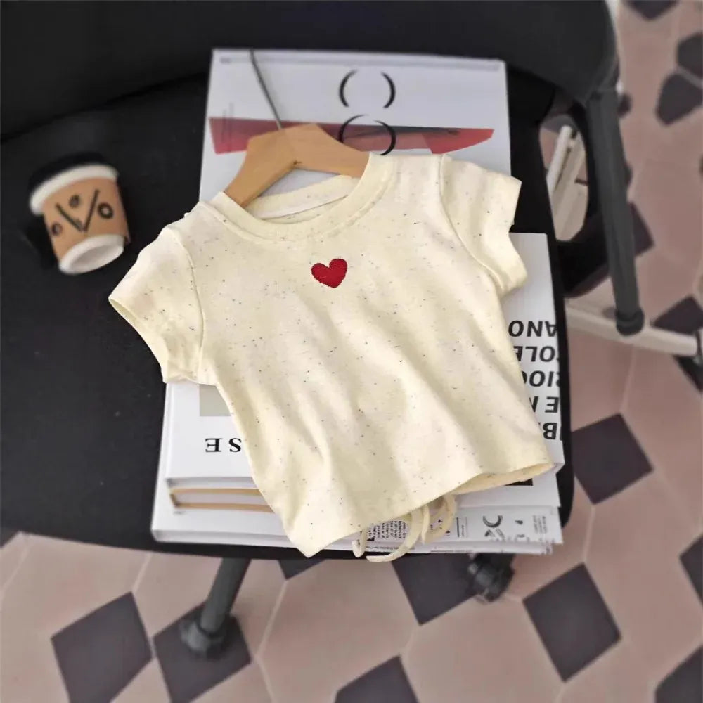 Trendy Kids Apparel Kids Clothing Girls' Cute Heart Print Short Sleeve Drawstring T-Shirt