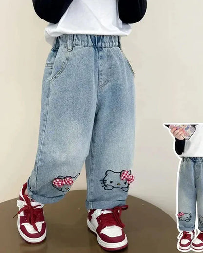 Trendy Kids Apparel Kids Clothing Girls Denim Pants Cartoon Hello Kitty