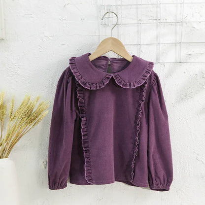 Trendy Kids Apparel Kids Clothing Girls Doll Lapel Collar Corduroy Blouse 100% Cotton