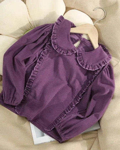 Trendy Kids Apparel Kids Clothing Girls Doll Lapel Collar Corduroy Blouse 100% Cotton