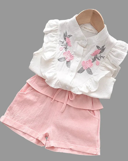 Trendy Kids Apparel Kids Clothing Girls' Embroidered Summer Set: Sleeveless Shirt & Shorts