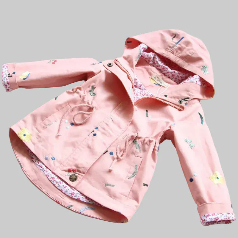 Trendy Kids Apparel Kids Clothing Girls' Hooded Flower Embroidery Windbreaker Jacket