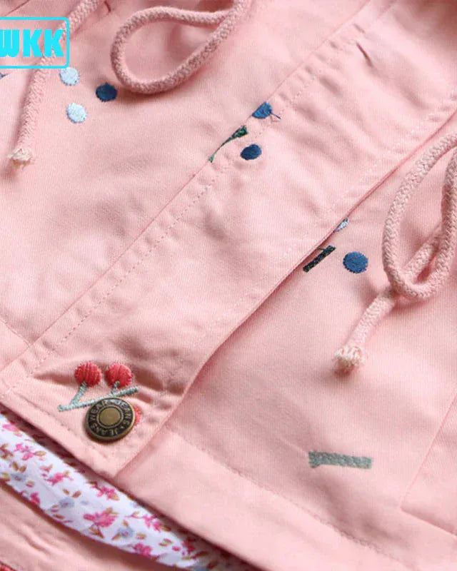 Trendy Kids Apparel Kids Clothing Girls' Hooded Flower Embroidery Windbreaker Jacket