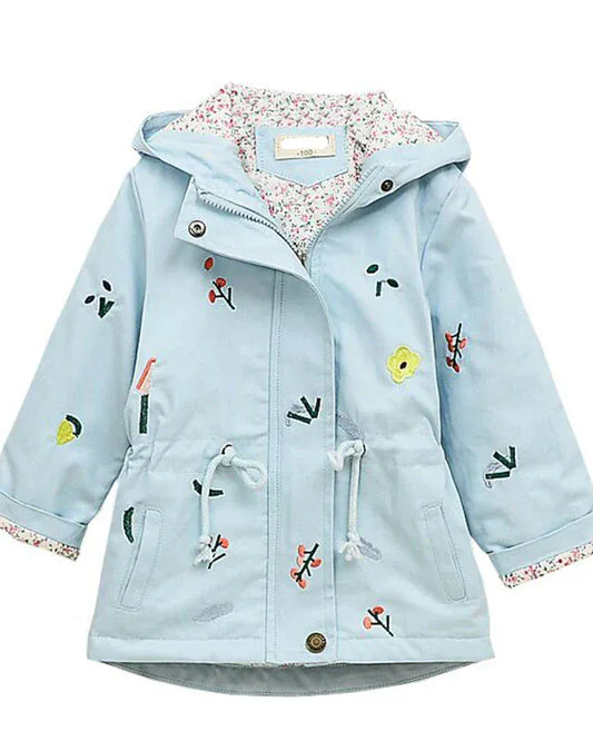 Trendy Kids Apparel Kids Clothing Girls' Hooded Flower Embroidery Windbreaker Jacket