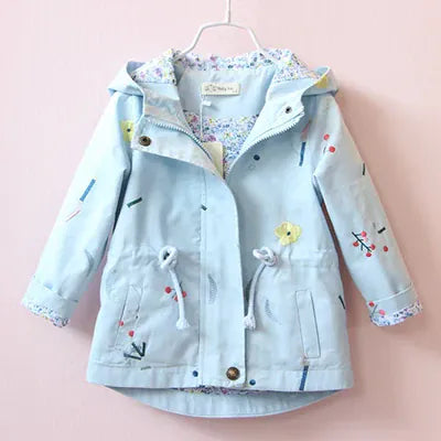 Trendy Kids Apparel Kids Clothing Girls' Hooded Flower Embroidery Windbreaker Jacket