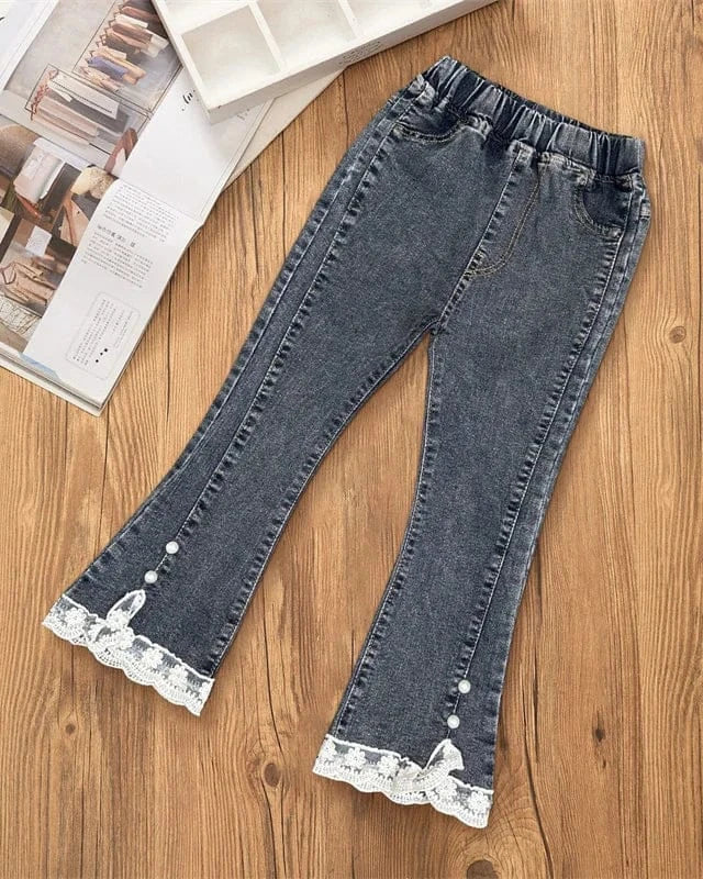 Trendy Kids Apparel Kids Clothing Girls Jeans Lace Elastic Waistline Denim Pant