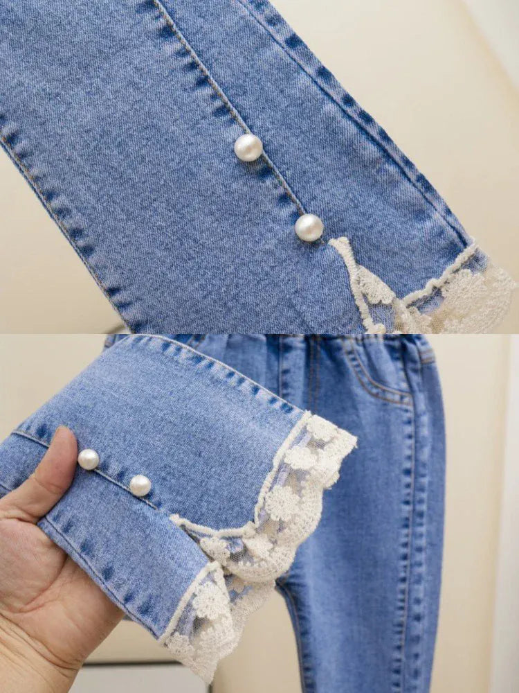 Trendy Kids Apparel Kids Clothing Girls Jeans Lace Elastic Waistline Denim Pant