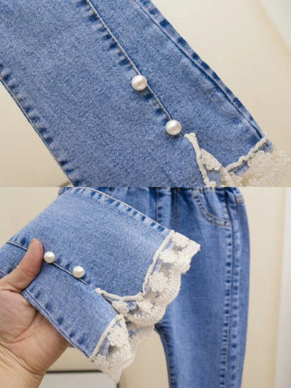 Trendy Kids Apparel Kids Clothing Girls Jeans Lace Elastic Waistline Denim Pant