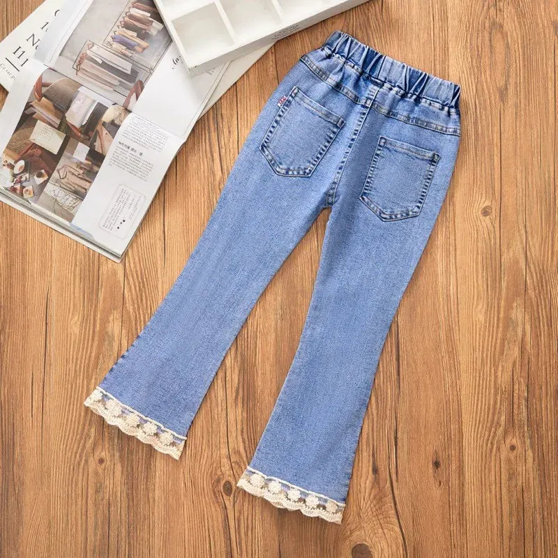 Trendy Kids Apparel Kids Clothing Girls Jeans Lace Elastic Waistline Denim Pant