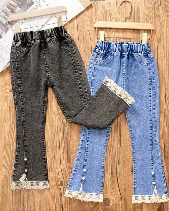 Trendy Kids Apparel Kids Clothing Girls Jeans Lace Elastic Waistline Denim Pant