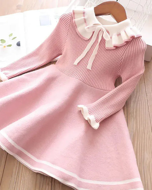 Trendy Kids Apparel Kids Clothing Girls' Knitted Pure Color Pleated Sweater Dress