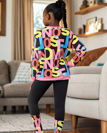 Trendy Kids Apparel Kids Clothing Girls' Letter Print Sweatshirt & Leggings Set