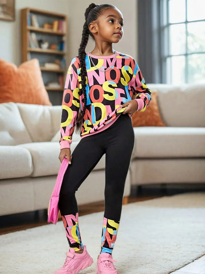 Trendy Kids Apparel Kids Clothing Girls' Letter Print Sweatshirt & Leggings Set