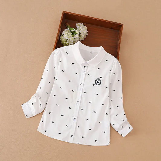 Trendy Kids Apparel Kids Clothing Girls' Long Sleeve White Shirt with Bow Detail & Embroidery