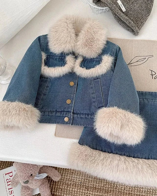 Trendy Kids Apparel Kids Clothing Girls' New Autumn Fleece Padded Cowboy Jacket & Skirt Set