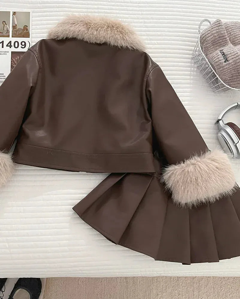 Trendy Kids Apparel Kids Clothing Girls PU Leather Jacket & Pleated Skirt