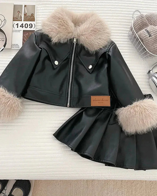 Trendy Kids Apparel Kids Clothing Girls PU Leather Jacket & Pleated Skirt