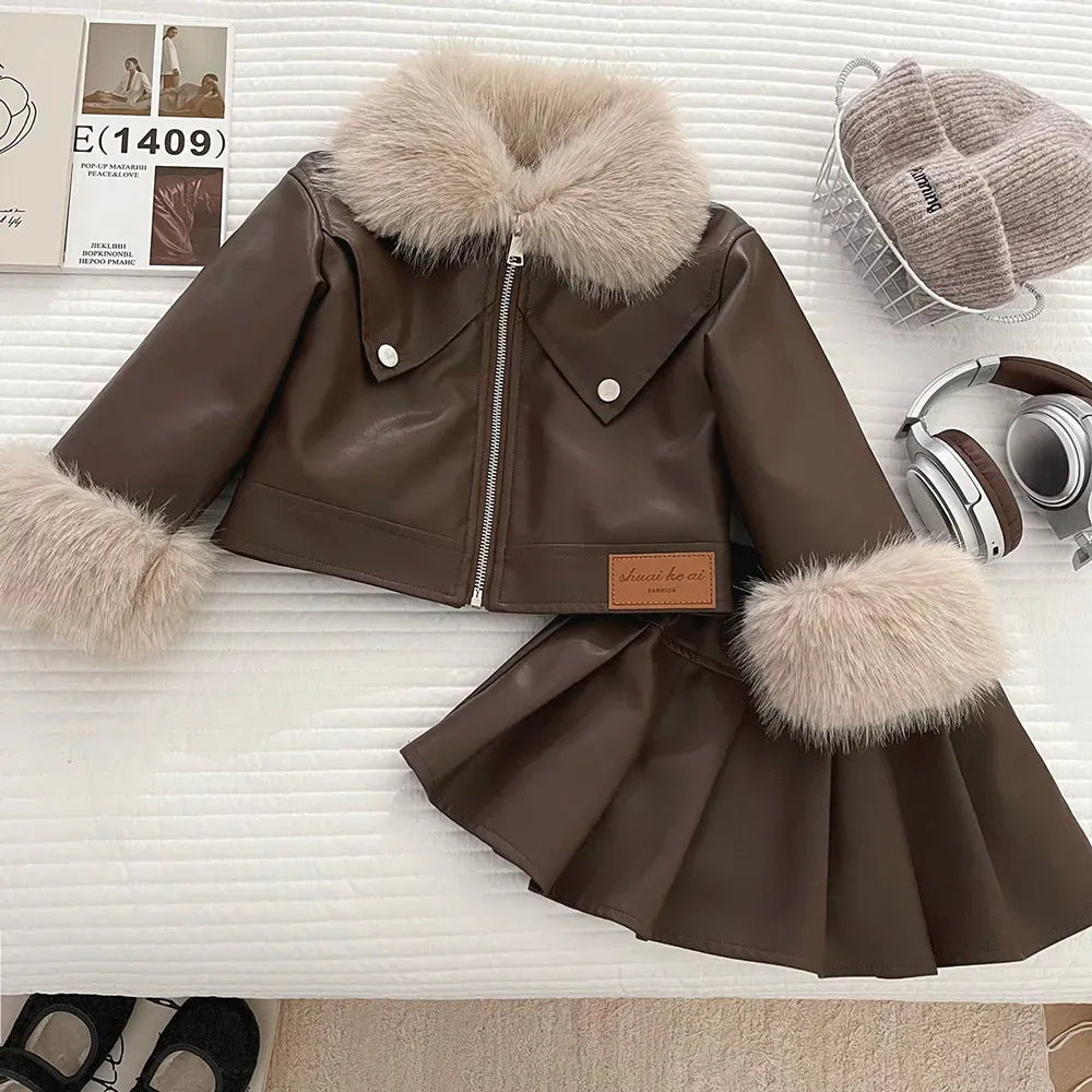Trendy Kids Apparel Kids Clothing Girls PU Leather Jacket & Pleated Skirt