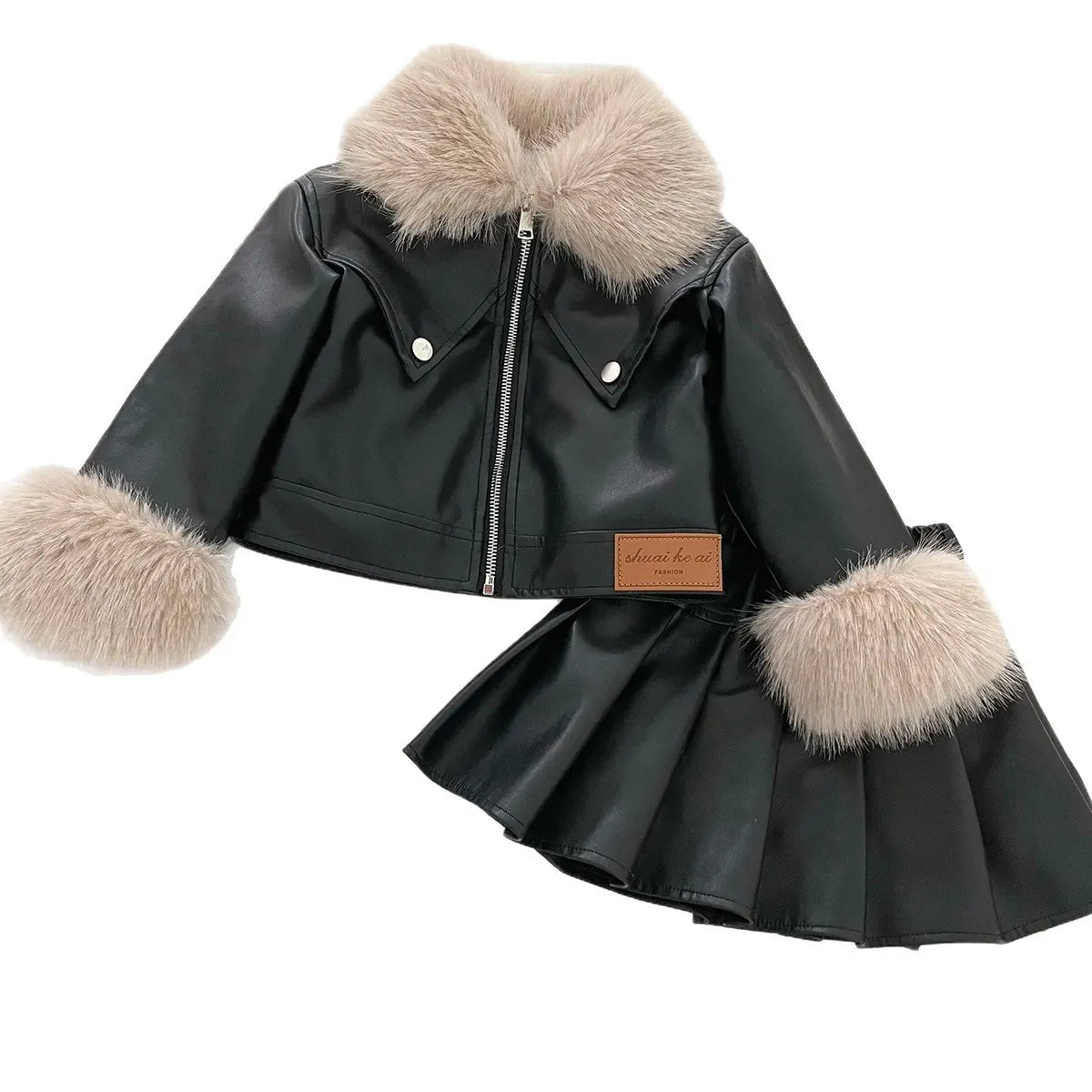 Trendy Kids Apparel Kids Clothing Girls PU Leather Jacket & Pleated Skirt
