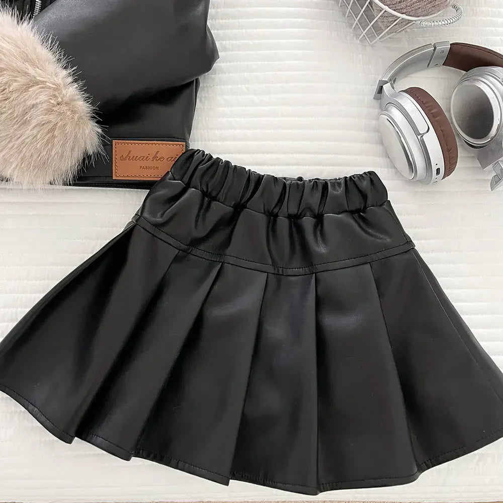 Trendy Kids Apparel Kids Clothing Girls PU Leather Jacket & Pleated Skirt